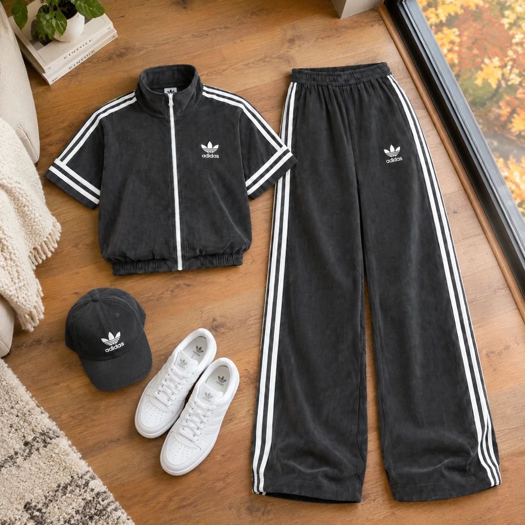 ست وست و شلوار زنانه مخمل کبریتی ادیداس مدل RAHA-طوسی تیره
